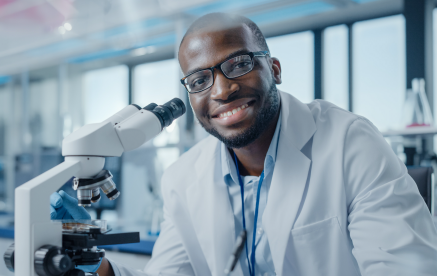 A black man in a lab coat smiles while observing a microscope, representing career opportunities in STEM jobs.